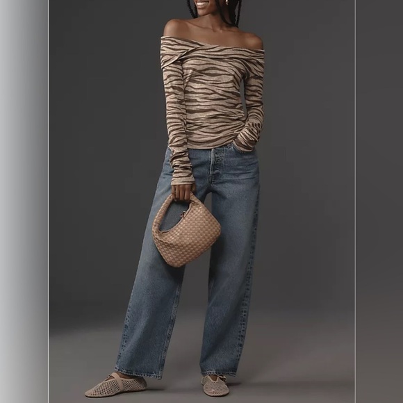 NWT Anthropologie Off The Shoulder Long Sleeve Top Brown Zebra Size M - Picture 11 of 14